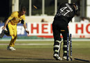 Brett Lee gets through Andre Adams' defences, World Cup 2003 - Australia v New Zealand at Port Elizabeth, 11th March 2003