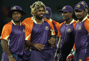 Lasith Malinga celebrates one of his four wickets with his team-mates, Ruhuna Royals v Uthura Rudras, SLPL, Colombo, August 14, 2012