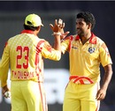 Dhammika Prasad and Tillakaratne Dilshan celebrate a wicket, Wayamba v Basnahira, SLPL, Pallekele, August 19, 2012
