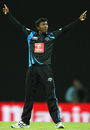 Akila Dananjaya celebrates one of his three wickets, Nagenahira Nagas v Wayamba United, SLPL, Pallekele, August 20, 2012