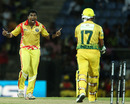 Dhammika Prasad celebrates after getting Uthura's Imran Farhat bowled, Uthura v Basnahira, SLPL, Pallekele, August 21, 2012