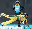 Muttiah Muralitharan dives to deflect the ball on to the stumps to run out Angelo Mathews, Uthura v Nagenahira, SLPL, Colombo, August 26, 2012