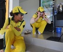 Meg Lanning and Lisa Sthalekar of Australia watch the final few minutes of the Sydney Swans v Hawthorn, AFL Grand Final, Australia v Pakistan, Women's World T20, Group A, Galle, September 29, 2012