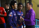 Delhi Daredevils' Unmukt Chand chats with umpire Johan Cloete, Auckland v DD, Group A, Champions League T20, Durban, October 19, 2012