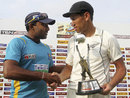 Ross Taylor and Mahela Jayawardene shake hands after squaring the series, Sri Lanka v New Zealand, 2nd Test, Colombo, 5th day, November 29, 2012