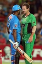 Kieron Pollard and John Hastings exchange a few words, Adelaide Strikers v Melbourne Stars, Big Bash League, Adelaide, December 27, 2012