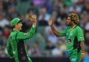 David Hussey and Lasith Malinga celebrate a wicket, Melbourne Stars v Hobart Hurricanes, Big Bash League, December 15, 2012