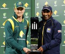 George Bailey and Mahela Jayawardene hold the ODI series trophy, Australia v Sri Lanka, 5th ODI, Hobart, January 23, 2013