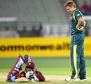 James Faulkner looks down on Devon Thomas after running him out, Australia v West Indies, 5th ODI, Melbourne, February 10, 2013