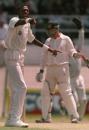 Curtly Ambrose appeals against Steve Waugh during the memorable Trinidad Test, April 22, 1995