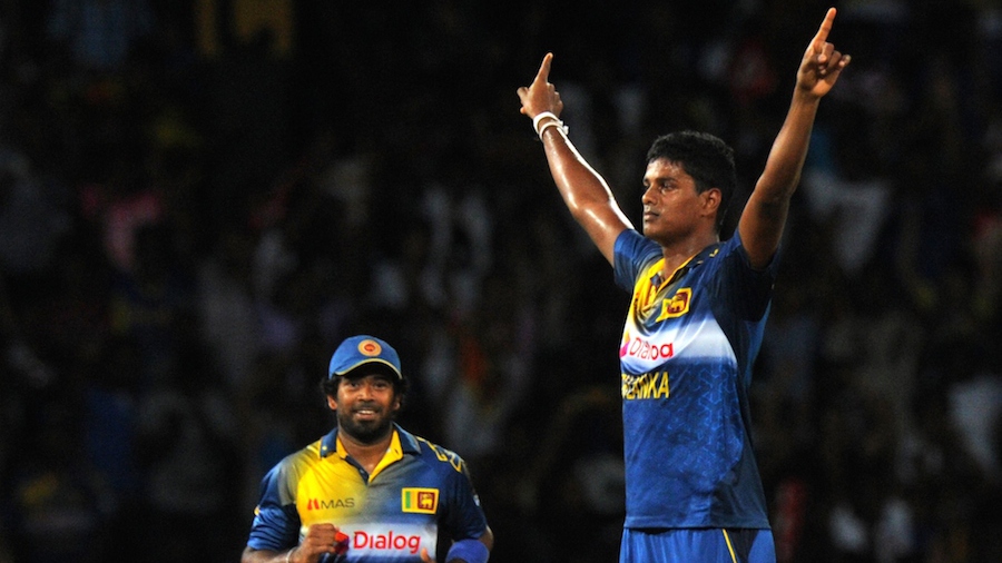 Binura Fernando does an Afridi after taking a wicket Binura Fernando does an Afridi after taking a wicket