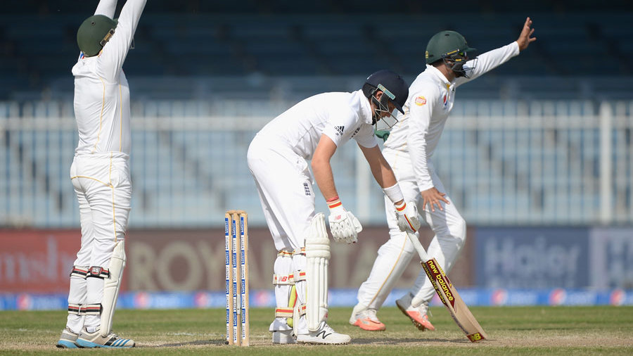 Joe Root was trapped on the back foot in the second over of the morning session Joe Root was trapped on the back foot in the second over of the morning session
