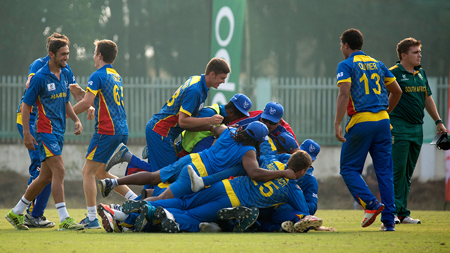 Namibia Under-19s celebrate their two-wicket win over South Africa Under-19s Namibia Under-19s celebrate their two-wicket win over South Africa Under-19s