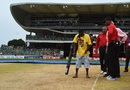 A groundsman uses a blower to dry the pitch, Australia v South Africa, 7th match, ODI tri-series, Barbados A groundsman uses a blower to dry the pitch, Australia v South Africa, 7th match, ODI tri-series, Barbados
