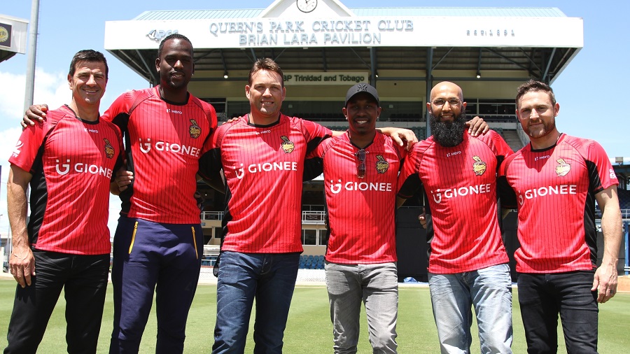 Simon Helmot, Kevon Cooper, Jacques Kallis, Dwayne Bravo, Hashim Amla and Brendon McCullum at the launch of the Trinbago Knight Riders kit Simon Helmot, Kevon Cooper, Jacques Kallis, Dwayne Bravo, Hashim Amla and Brendon McCullum at the launch of the Trinbago Knight Riders kit