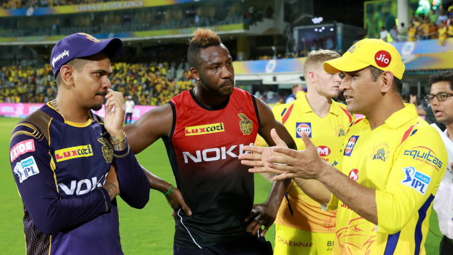MS Dhoni has a discussion with Andre Russell and Sunil Narine MS Dhoni has a discussion with Andre Russell and Sunil Narine