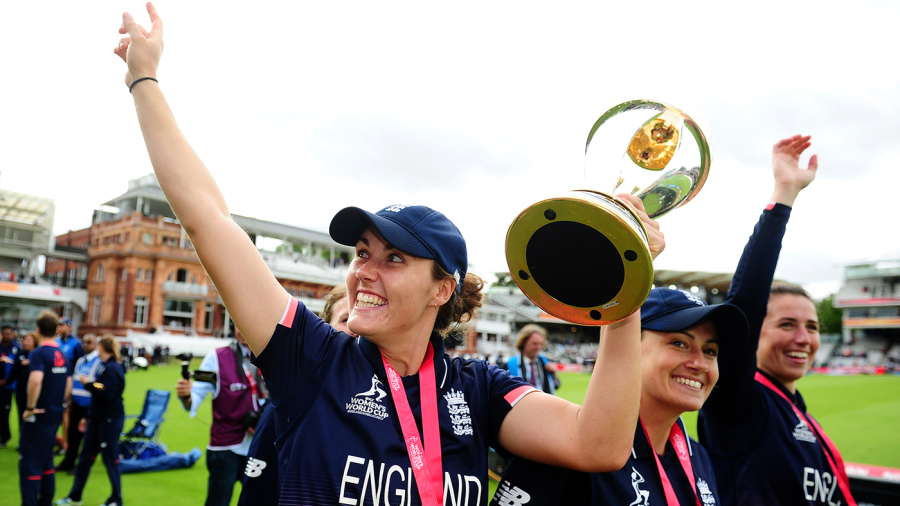Nat Sciver celebrates the World Cup win at Lord's with her team-mates Nat Sciver celebrates the World Cup win at Lord's with her team-mates