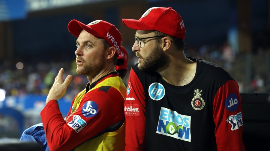 Brendon McCullum and Daniel Vettori chat in the Bangalore dug-out Brendon McCullum and Daniel Vettori chat in the Bangalore dug-out