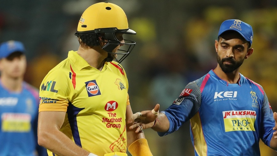 Shane Watson is congratulated by his former team-mate Ajinkya Rahane Shane Watson is congratulated by his former team-mate Ajinkya Rahane