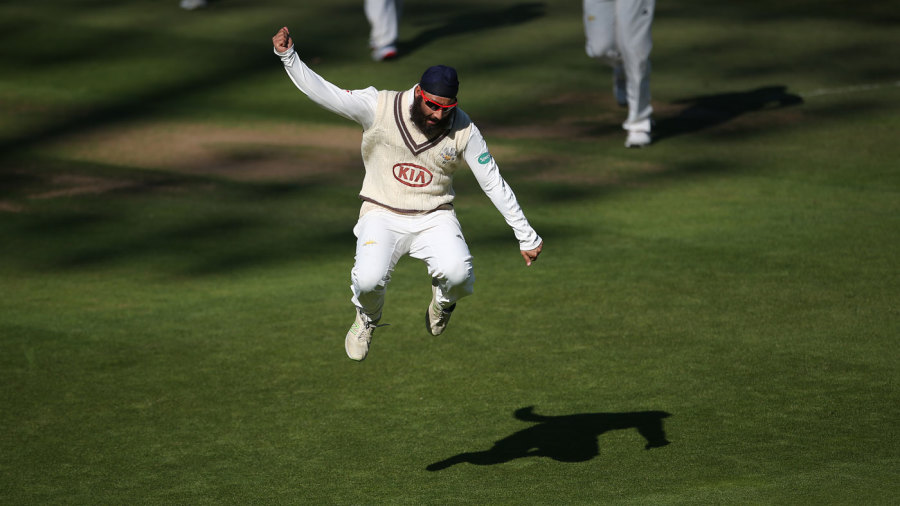 Amar Virdi leaps in jubilation after taking a wicket Amar Virdi leaps in jubilation after taking a wicket