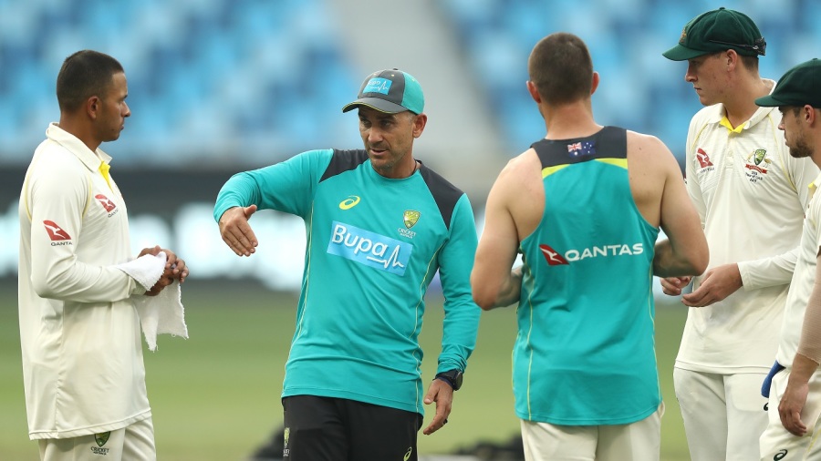 Justin Langer has a discussion with left-handers in the Australia line-up Justin Langer has a discussion with left-handers in the Australia line-up