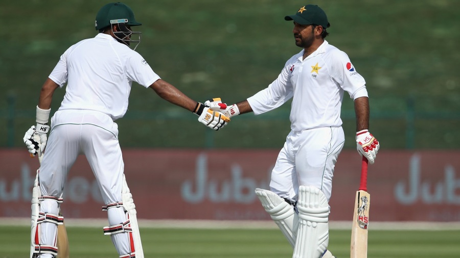 Babar Azam congratulates Sarfraz Ahmed on his second fifty of the Test Babar Azam congratulates Sarfraz Ahmed on his second fifty of the Test