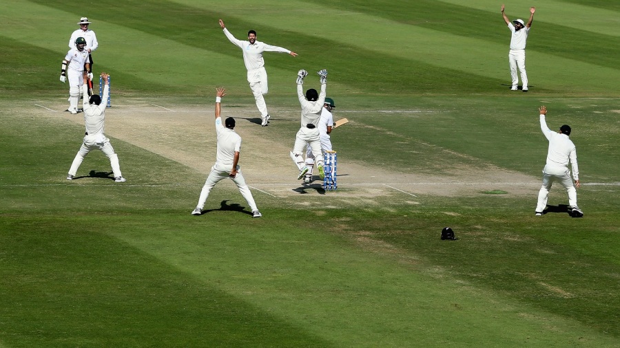 The New Zealand players go up in appeal The New Zealand players go up in appeal
