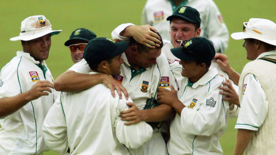 Team-mates celebrate Andre Nel's wicket of Brian Lara Team-mates celebrate Andre Nel's wicket of Brian Lara