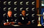 Manager Dayle Hadlee (left) announces a preliminary New Zealand squad of 19 players for the ICC Under-19 World Cup 2002. Captain Ross Taylor sits next to the trophy to be awarded to the tournament winners. 29 November 2001.