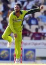 Shahid Afridi bowling during the second one-dayer between West Indies and Pakistan in St Lucia, May 21, 2005
