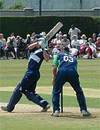 Dougie Brown hits a boundary in his 59, Ireland v Scotland, ICC Trophy final, Clontarf, Ireland, July 13