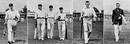 (L-R) Archie MacLaren returns after making 4; Tom Hayward. Walter Lees and Johnny Tyldesley return from pre-match practice - Lees was left out of the final XI;  Arthur Jones made only 2; Bernie Bosanquet returns from the nets, England v Australia, 1st Test, Trent Bridge, May 29, 1905