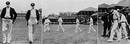 (L-R) Stanley Jackson and Joe Darling return from the toss, won by England; Australia take the field;  Bernie Bosanquet and Johnny Tyldesley resume after lunch on the first day, England v Australia, 1st Test, Trent Bridge, May 29, 1905