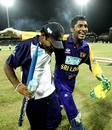 Kumar Sangakkara and Mahela Jayawardene celebrate Sri Lanka's victory, India v Sri Lanka, Premadasa Stadium, August 9, 2005