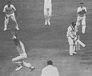 Peter Loader bowls Roy Gilchrist to take a hat-trick, England v West Indies, Headingley, 25 July, 1957