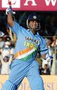 Mahendra Singh Dhoni celebrates after smashing the winning runs, India v Sri Lanka, 3rd ODI, Jaipur, October 31, 2005