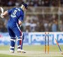 Andrew Flintoff loses his leg stump against Yasir Arafat to remove England's last hope, Pakistan v England, 3rd ODI, Karachi, December 15, 2005