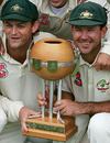 Adam Gilchrist and Ricky Ponting pose with the series trophy after beating South Africa, South Africa in Australia, 2005-06