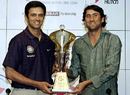 Rahul Dravid and Younis Khan hold the ODI series trophy at the launch ceremony , India in Pakistan 2005-06