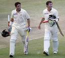 Mike Hussey and Damien Martyn are delighted after beating South Africa in the first Test, South Africa v Australia, 1st Test, Cape Town, March 18, 2006
