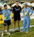Suresh Raina, John Buchanan and Rahul Dravid share a moment after India's exit from the DLF Cup, Australia v India, 6th match, DLF Cup, Kinrara Oval, Kuala Lumpur, September 22, 2006