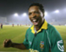Makhaya Ntini celebrates a resounding victory against Pakistan, Champions Trophy, 16th match, Mohali, October 27, 2006