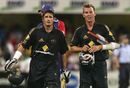 Michael Hussey and Brett Lee walk off after sealing the win, Australia v England, CB Series, 4th match, Brisbane, January 19, 2007