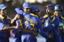 Farveez Maharoof is swamped after taking a stunner to dismiss Mahendra Singh Dhoni in the final over, India v Sri Lanka, 2nd ODI, Rajkot, February 11, 2007