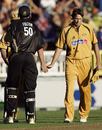 A dejected Glenn McGrath shakes hands with Peter Fulton, New Zealand v Australia, Chappell-Hadlee Trophy, 2nd match, Auckland, February 18, 2007