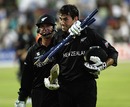 Stephen Fleming and Nathan Astle troop off after a remarkable victory, South Africa v New Zealand, 15th match, World Cup, Johannesburg, February 16, 2003