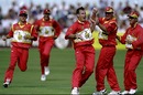 Man-of-the-Match Neil Johnson roars after taking a wicket, 26th match: South Africa v Zimbabwe, World Cup, Chelmsford, May 29, 1999