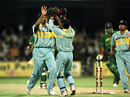Venkatesh Prasad celebrates after bowling Aamer Sohail, India v Pakistan, World Cup quarter-final, March 1996