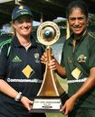 Karen Rolton, Australia's captain, and Lisa Sthalaker, the Player of the Tournament, pose with the trophy, Australia v New Zealand, Final, Quadrangular Series, Chennai, March 5, 2007