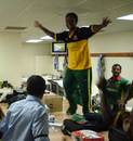 Aftab Ahmed leads Bangladesh's celebrations after their win over India, Bangladesh v India, Group B, Trinidad, March 17, 2007